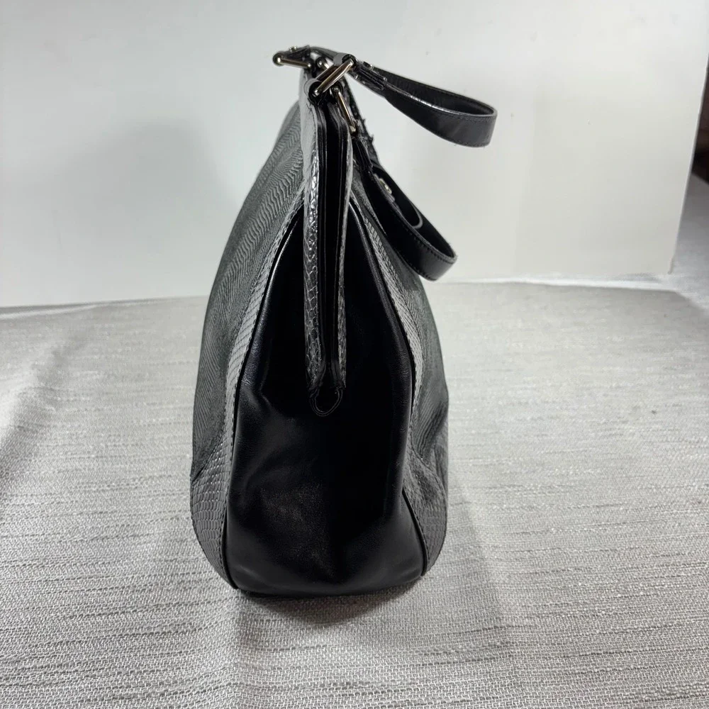 Cole Haan Satchel Shoulder Bag Black Reptile Embossed Leather Designer Handbag‎